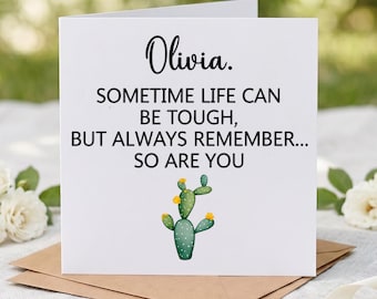 Cadeau voor vriend - gepersonaliseerde aanmoedigingskaart, Thinking of You Cactus Kraft Paper Note, Custom Name Stay Strong Cheer Up Card voor haar