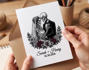 Tarjeta de felicitación gótica personalizada para pareja de novios, regalo de boda con temática de esqueletos para novios, recuerdo personalizado con nombres y fecha, tarjeta de felicitación de romance oscuro.