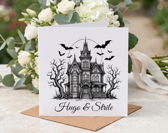 Personalisierte Halloween-Hochzeitskarte, gotisches Erinnerungsstück für das Brautpaar im Spukhaus-Stil, gruseliges Hochzeitsgeschenk