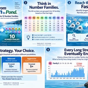 May include: A five-part infographic titled Project Ocean Number Family Analyzer for Lotto 649. It displays charts, text, and diagrams explaining a strategy to group 49 lottery numbers into 10 families based on their last digit for analysis.