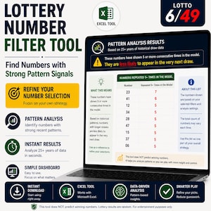 Foglio di calcolo per il Lotto 649 / Strumento di filtro per i numeri della lotteria / Evita i numeri "caldi" / Strumento di analisi dati Excel / Download immediato