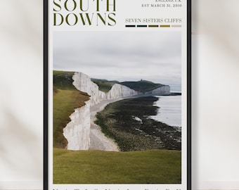 South Downs Real Photo Landscape Poster Print – Seven Sisters White Cliffs Wall Art, England Travel Print, United Kingdom National Park
