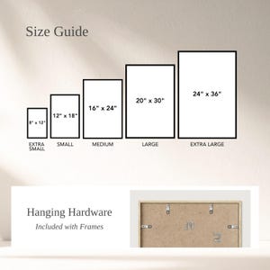 May include: A size guide shows framed art sizes: 20 cm x 30 cm, 30 cm x 45 cm, 40 cm x 60 cm, 50 cm x 76 cm, and 60 cm x 91 cm. Text reads "Size Guide" and "Hanging Hardware Included with Frames". The back of a framed art piece is shown.