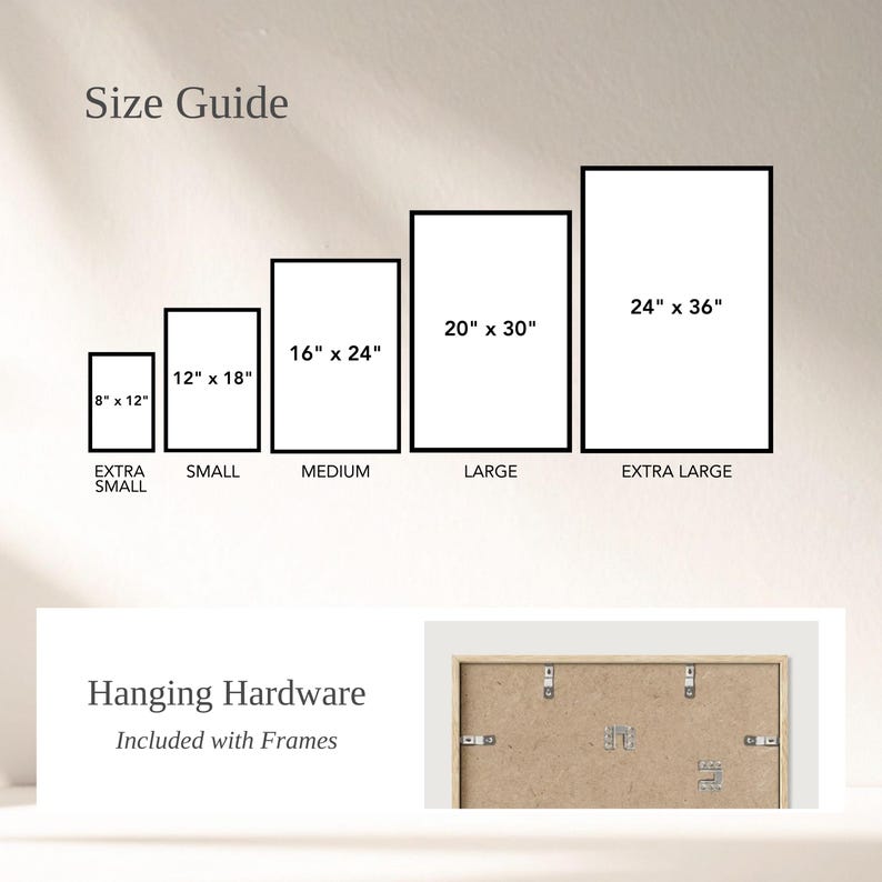 May include: A size guide shows framed art sizes: 20 cm x 30 cm, 30 cm x 45 cm, 40 cm x 60 cm, 50 cm x 76 cm, and 60 cm x 91 cm. Text reads "Size Guide" and "Hanging Hardware Included with Frames". The back of a framed art piece is shown.