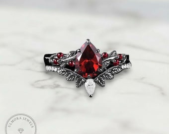 Gothic Red Gemstone Ring Set | Pear Shaped Engagement Ring | Alternative Bridal Ring | Black Gold Gothic Jewelry | Witchy Wedding Ring