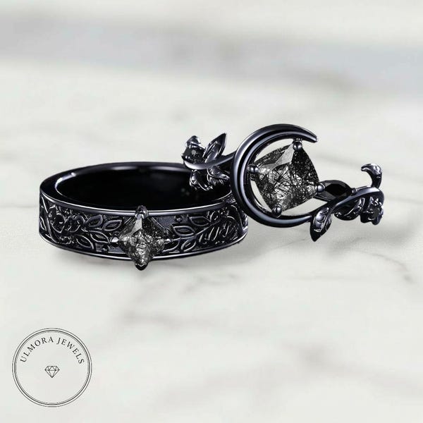 Black Rutilated Quartz Sterling Silver Couple Ring Set | Gothic Leaf Wedding Band
