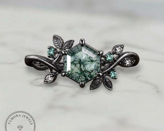 Moss Agate Hexagon Ring | Black Gold Nature Ring | Gothic Engagement Ring | Vine Leaf Promise Ring | Woodland Bridal Ring