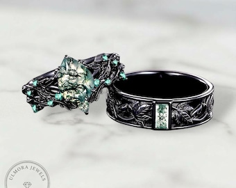 Moss Agate CoupleRing Set | Black Sterling Silver Leaf Vine Wedding Band