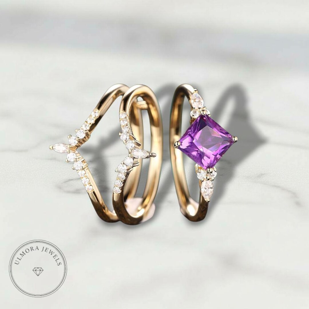 Princess Cut Amethyst Wedding Ring With Ring Guard Spacer, 18K Yellow ...