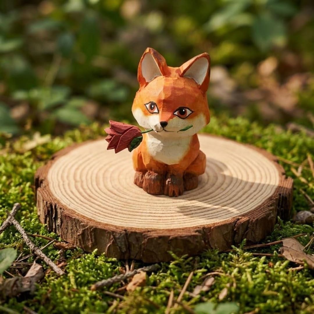Valentines Day Gift for Her Wood Fox Carving with Rose Figurine Cute Anniversary Present for Girlfriend 5th Year Wooden Anniversary Decor