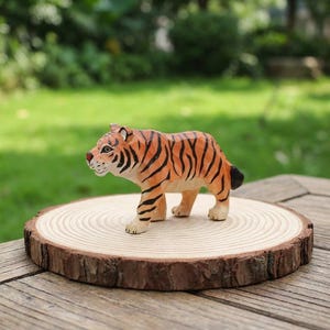 K&ouml;nnte beinhalten: Handgeschnitzte Holz-Tigerfigur mit orangefarbenen und schwarzen Streifen, die auf einer runden Holzscheibe steht. Der Tiger hat detaillierte Gesichtsz&uuml;ge und ist in einer Laufhaltung dargestellt. Der Hintergrund ist eine verschwommene gr&uuml;ne Au&szlig;enszene.