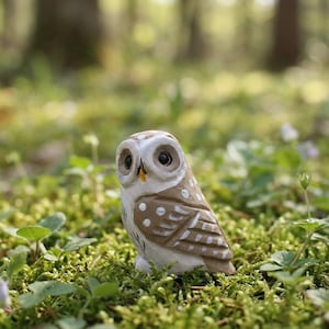 Puede incluir: Una pequeña figura de búho de madera con cuerpo marrón claro y detalles blancos. El búho tiene ojos grandes y oscuros y está posado sobre musgo verde. El fondo es una escena de bosque borrosa.