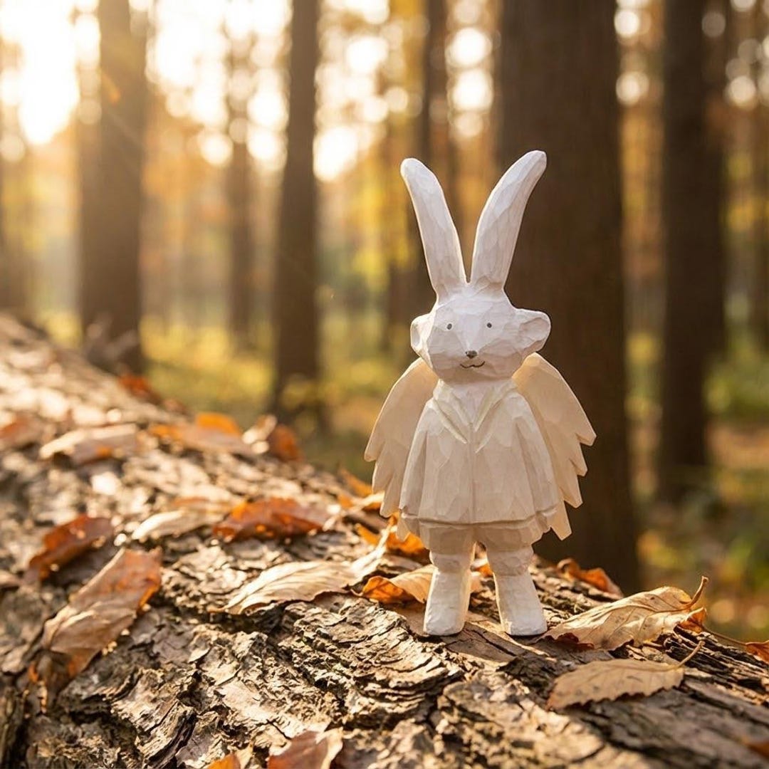 Guardian Angel Rabbit Wood Carving, Whimsical Animal Totem, Minimalist ...