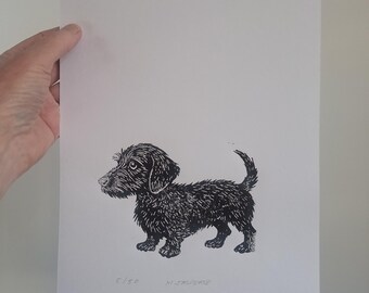 Linoprint/ dog/ dachshund
