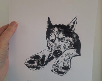Linoprint/ linocut/ dog/ Husky
