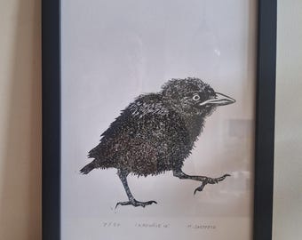 Hand-printed linocut / jackdaws / crow / cool bird print / unique black and white art