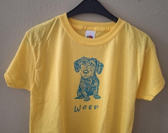 Dog T-shirt for kids/ blue and yellow dog illustration/ hand-printed dog design/ gift for dog lovers/ children's T-shirt