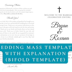 Puede incluir: Una plantilla de misa de boda con los nombres Bryan & Roxana, una cruz y texto. La plantilla incluye las palabras "Wedding Mass Template with Explanation (Bifold Template)". El fondo es blanco.