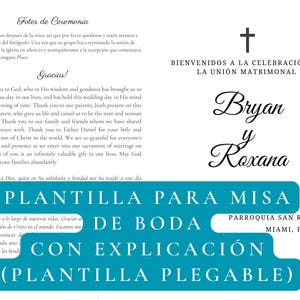 以下が含まれることがあります： スペイン語と英語のテキストが入った結婚式のプログラムです。「Bryan y Roxana」という名前がエレガントな筆記体で書かれており、十字架と「Bienvenidos a la Celebración de la Unión Matrimonial」という言葉が書かれています。