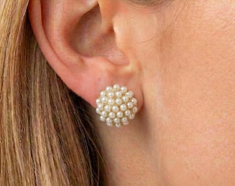 Pearl Stud Earrings, Cluster Freshwater Pearl Earrings, Vintage Elegant Jewelry, Gift for Her