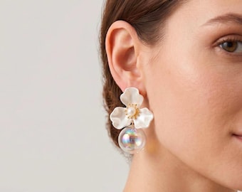 Floral Pearl Drop Earrings, Freshwater Pearl Dangle Earrings, Elegant Romantic Jewelry, Gift for Her