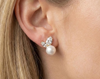 Pearl Stud Earrings, Diamond Accent Freshwater Pearl Earrings, Classic Elegant Jewelry, Gift for Her