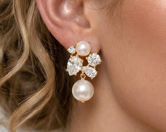 Pearl Drop Earrings, Crystal Floral Pearl Dangle Earrings, Elegant Bridal Jewelry, Gift for Her