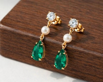 Emerald Green Pearl Drop Earrings, Crystal Teardrop Freshwater Pearl Dangle Earrings, Bridal Wedding Jewelry, Gift for Her