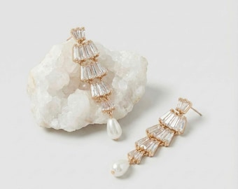 Diamond Bar Drop Earrings, Diamond Bar Freshwater Pearl Dangle Earrings, Elegant Evening Jewelry, Gift for Her