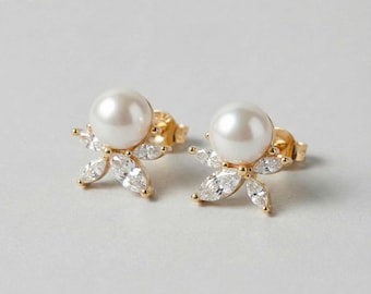 Pearl Stud Earrings, Leaf Shaped Diamond Freshwater Pearl Earrings, Classic Elegant Jewelry, Gift for Her