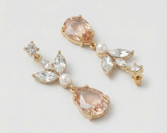 Teardrop Diamond Drop Earrings, Leaf Inspired Diamond Dangle Earrings, Elegant Evening Jewelry, Gift for Her