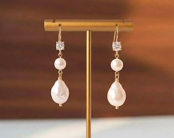 Teardrop Pearl Dangle Earrings, Freshwater Pearl Drop Earrings, Elegant Wedding Jewelry, Gift for Her