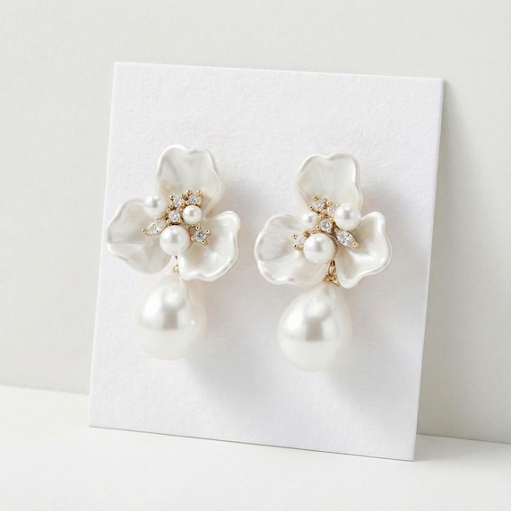 Floral Pearl Drop Earrings, Freshwater Pearl Dangle Earrings, Elegant Romantic Jewelry, Gift for Her
