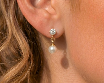 Diamond Pearl Drop Earrings, Round Diamond Freshwater Pearl Dangle Earrings, Elegant Bridal Jewelry, Gift for Her