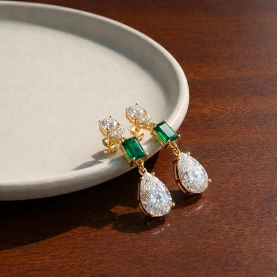 Geometric Pearl Drop Earrings, Emerald Green Crystal Freshwater Pearl Dangle Earrings, Vintage Bridal Jewelry, Gift for Her