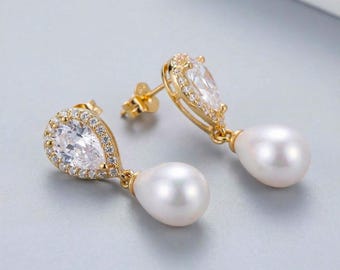 Teardrop Pearl Diamond Stud Earrings, Diamond Freshwater Pearl Earrings, Classic Elegant Jewelry, Gift for Her