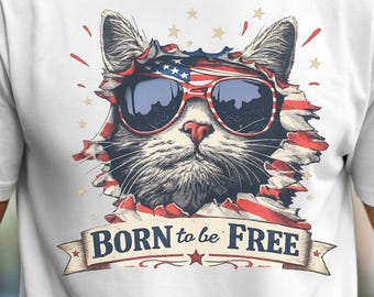 Born To Be Free Cat Shirt, Patriotic Cat Tee, Funny July 4th Cat Shirt, USA 250 Shirt, Retro America Cat Tee, Freedom Cat Shirt