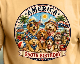 America 250th Birthday Dog Shirt, Patriotic Dog Family Tee, Retro Beach Party Tee, Summer Americana Dog Lover Tee, Fourth of July Beach Tee