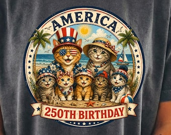 America 250th Birthday Cat Shirt, Patriotic Cat Family Tee, Retro Beach Cat Tee, USA 250 Americana Cat Lover Tee, Fourth of July Summer Tee