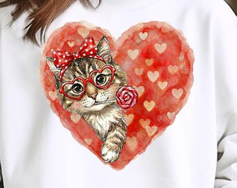 Floral Cat Heart Sweatshirt, Kitty Pullover, Girly Feline Apparel, Cute Aesthetic Crewneck, Kawaii Fashion Gift