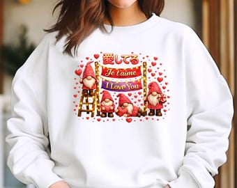 Valentine’s Day Gnome Sweatshirt Watercolor Heart Lights, Je t’aime Sign, Kawaii Gift