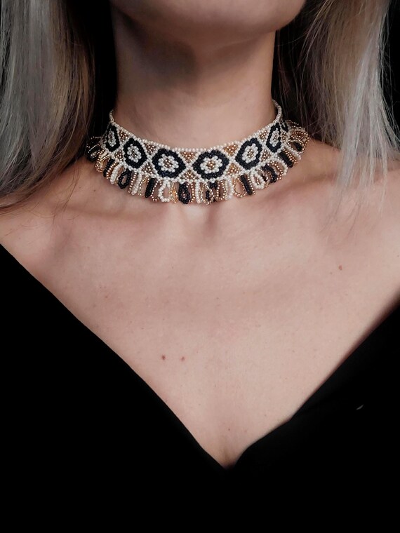 Royal Midnight Lace Beaded Necklace | Handmade Statement Collar | Blue, Gold & Pearl Choker