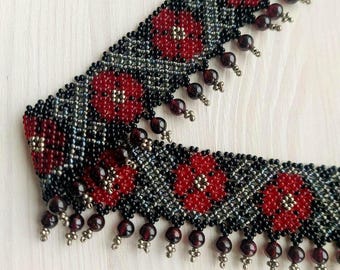 Red Poppy Beaded Collar Necklace, Floral Jewelry
