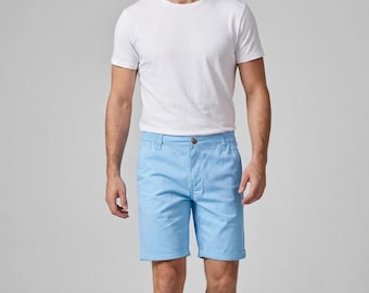 Pantalones cortos chinos de algodón para hombre: corte recto, largo hasta la rodilla, cintura elástica informal de verano.