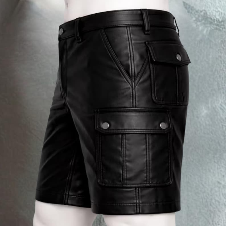 Pu&ograve; includere: Pantaloncini in pelle nera con tasche cargo. I pantaloncini hanno un design classico con passanti per cintura e chiusura con bottoni. Presentano due ampie tasche cargo sui lati, ciascuna fissata con due chiusure a scatto color argento.