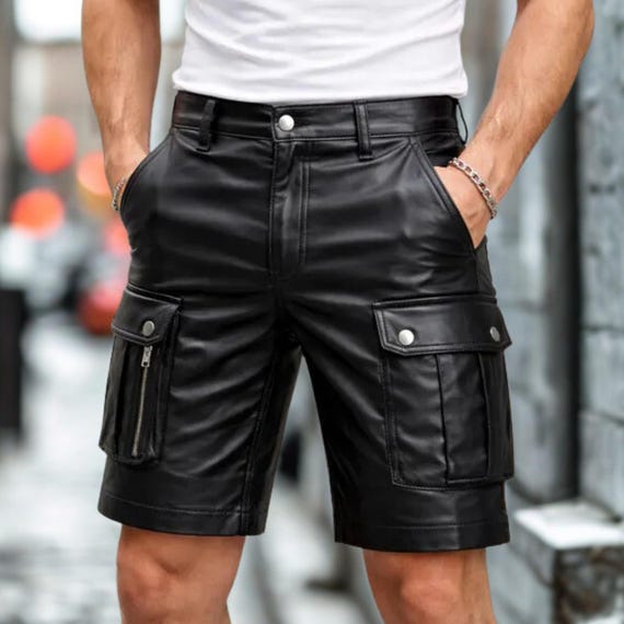 Men Black Leather Cargo Shorts Utility Style Streetwear Modern Fashion