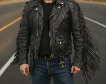 Men's Black Leather Fringe Biker Jacket: Western Rock Style
