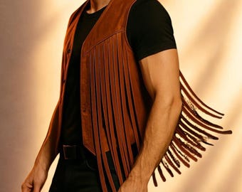 Men Brown Leather Fringe Vest Western Biker Motorcycle Style Genuine Leather Waistcoat