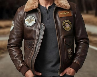 Chaqueta de aviador de cuero marrón para hombre, abrigo de bombardero de piloto vintage con cuello de piel
