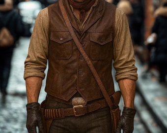 Vintage Brown Leather Western Vest, Cowboy Outlaw Style